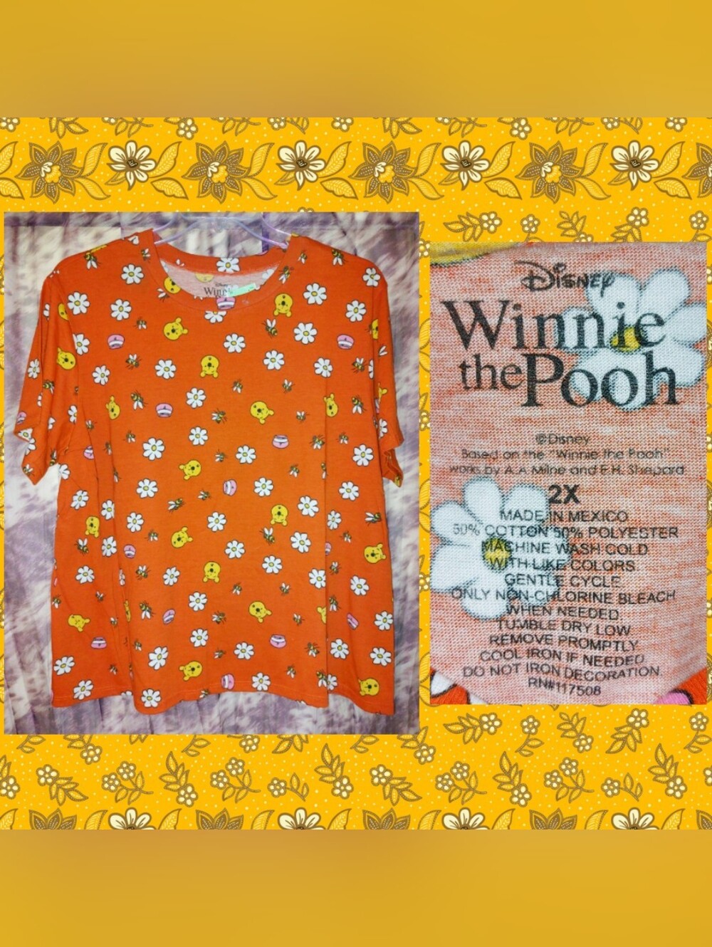 Disney Burnt Orange/Multiclr Winnie the Pooh/Daisies/Bees Print Knit Tee Sz 2X